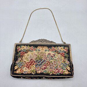 Vintage Jolles Original Floral Petit Point Needlepoint Purse Ornate Metal Frame